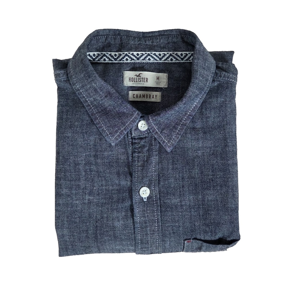 Vintage Style Y2K Indie Hollister Chambray Long Sleeve Button Up Shirt Blue M